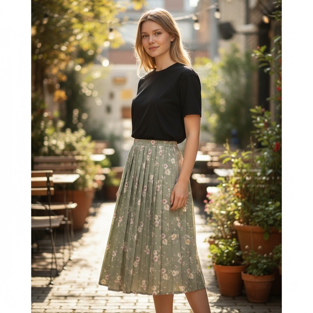 Vintage Leslie Fay Petite Green Floral Pleated Skirt